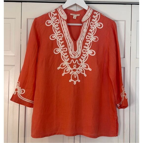 Charter Club 100% linen luxury coral lace trim tunic blouse MP - Picture 2 of 8